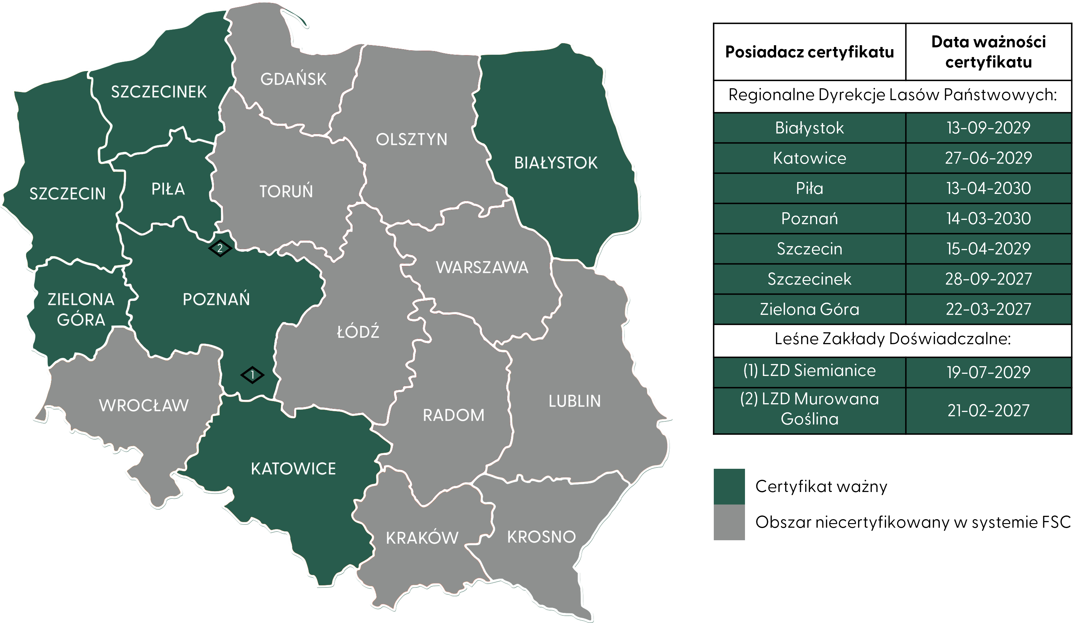 Status certyfikacji FSC w Polsce kwiecień 2025 - mapa