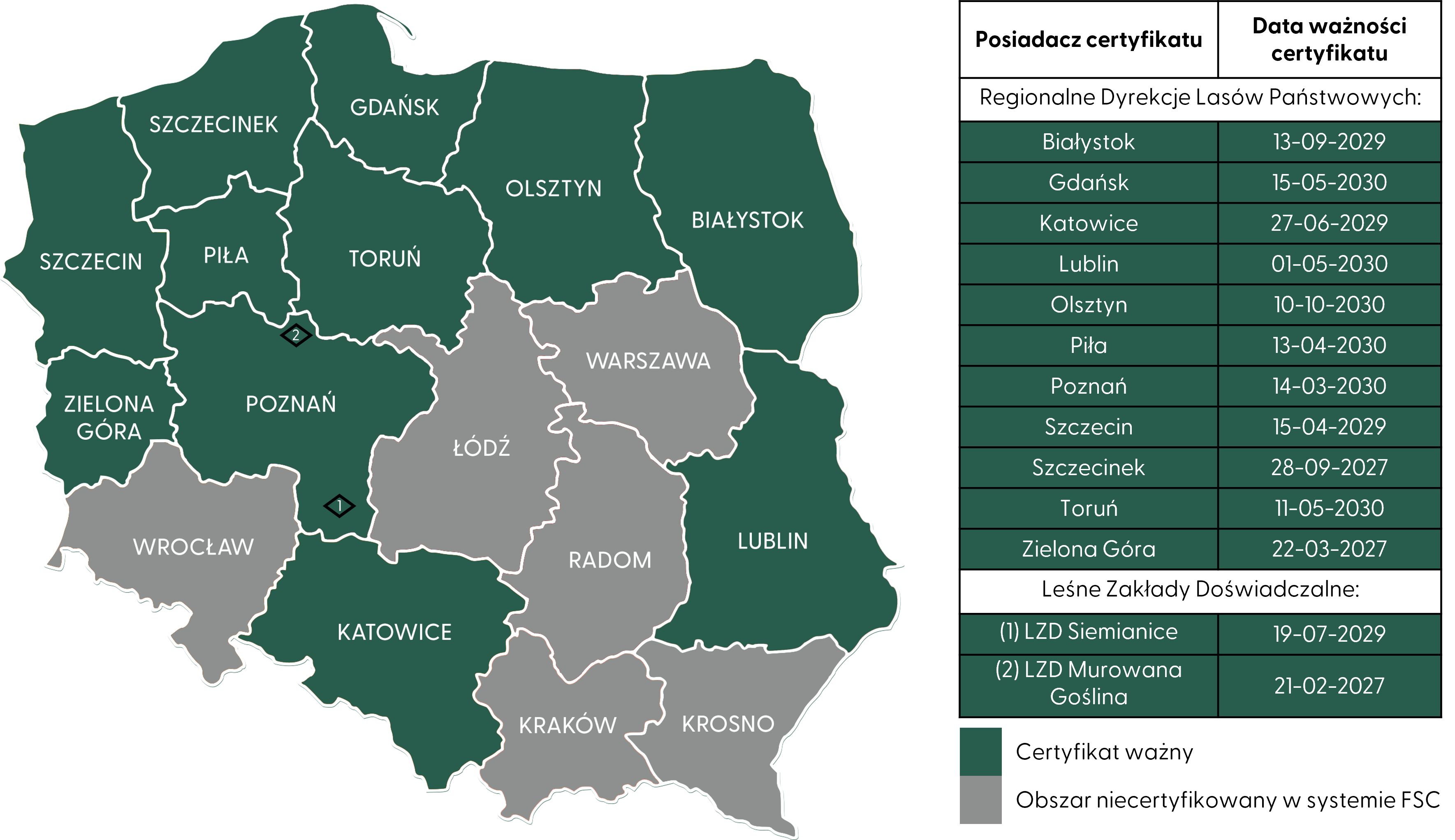 Status certyfikacji FSC w Polsce kwiecień 2025 - mapa
